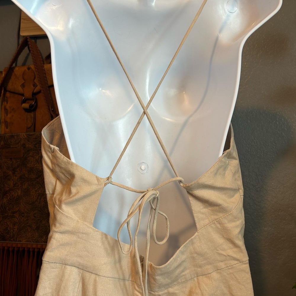 Zara Linen Cream Asymmetrical Ruched Halter Gown Size Large - Picture 6 of 11